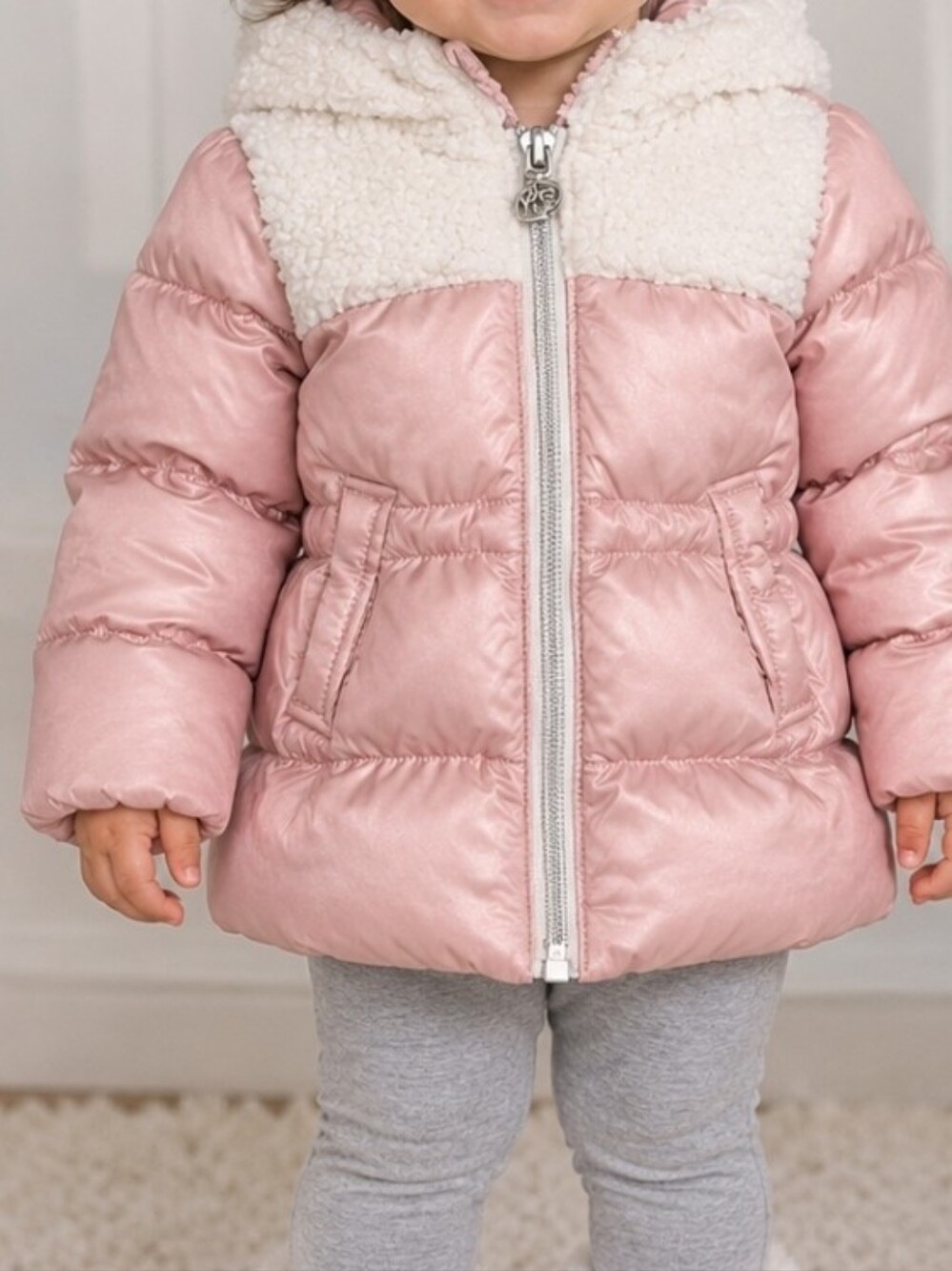 MICHAEL Michael Kors Pink Puffer Jacket Coat with Cream Sherpa Trim Baby Girls